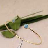 Natural London Blue Topaz Open Cuff Bracelet in 14k Gold, Bezel Set Two Stone Bangle, Minimalist Layering Gemstone Bracelet, Handmade Gift for Her