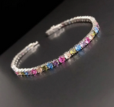 Natural Multi Color Gemstone Tennis Bracelet in 14k White Gold, Colorful Sapphire Tourmaline Rainbow Bracelet, Handmade Jewelry Gift for Her