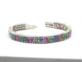 Natural Multi Gemstone Tennis Bracelet, 14k White Gold Multi Color Sapphire Ruby Emerald Bracelet, Triple Row Colorful Stackable Bracelet Gift