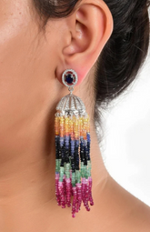 Multi-Color Natural Gemstone Tassel Earrings in White Gold | Sapphire Halo Jhumka Dangle Earrings | Luxury Rainbow Beaded Fringe Chandelier Studs | Gift for Her
