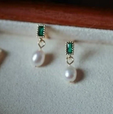 Natural Emerald and Pearl Drop Earrings | Emerald Cut Green Gemstone Dangle Earrings | Vintage Style Freshwater Pearl Studs | May & June Birthstone Jewelry Gift for Her