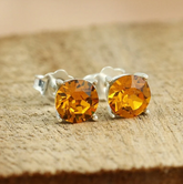 Natural Orange Citrine Stud Earrings in Sterling Silver | Round Cut Amber Orange Gemstone Studs | November Birthstone Jewelry | Handcrafted Minimalist Solitaire Gift for Her