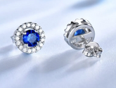 Natural Blue Sapphire Halo Earrings in 14k White Gold | Round Cut Sapphire & Diamond Studs | Royal Blue Gemstone Earrings | September Birthstone Jewelry Gift for Her
