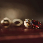 Natural Red Garnet Earrings, 14k Gold Vintage Oval Drop Earrings, Sunburst Diamond Accent Studs, Unique Anniversary Gift for Her, Handmade Jewelry