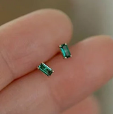 Natural Green Tourmaline Stud Earrings • Solid Gold Baguette Gemstone Studs • Minimalist Rectangle Solitaire Earrings • Handmade Special Beautiful Gift for Mom