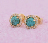 Natural Turquoise Stud Earrings with Diamond Halo • 14K Gold Turquoise Halo Earrings • Genuine Turquoise Matrix Studs • December Birthstone Gift